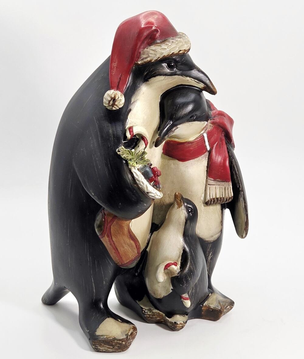 Penguin Christmas Figurine Family Of 3 Figurine 8 1/2" Wood Look Christmas Decor